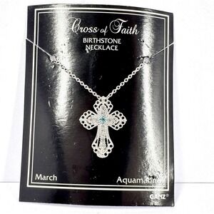 Ganz Cross of Faith March Aquamarine Birthstone‎ Necklace Silver Tone NEW